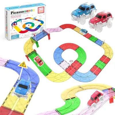 Zdjęcie produktu dla Zestaw do budowy toru wyścigowego - magnetyczne klocki - edukacyjna zabawka dla dzieci - zawiera oświetlenie - 30 elementów - wielokolorowy