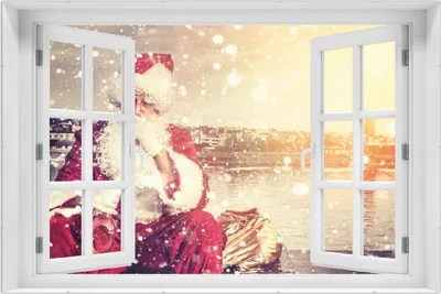 Produktbild von Wallario Wandbild mit Fenster-Illusion: Christmas-Party - Weihnachtsmann mit Schnaps und Zigarre, Größe: 61 x 91,5 cm, Poster mit rahmenlosen Bildhalter