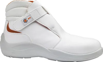 A white safety boot with a gray sole and orange accents.