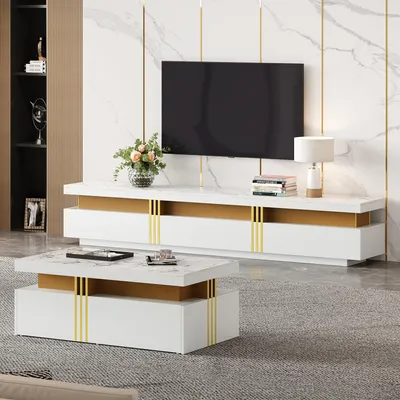 Image de Sweiko Ensemble de meubles TV muraux blancs, ensemble de meubles muraux de salon, table basse + meuble TV, ensemble de rangement multifonctionnel