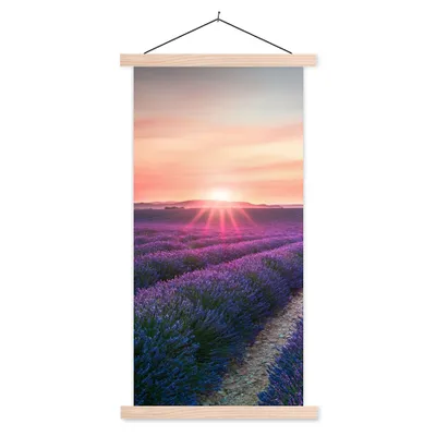 Produktbild von MuchoWow® Textilposter Lavendel - Lila - Blumen - Himmel 60x120 cm mit holzfarbenen Rahmen - Holz