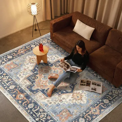 Imagen del producto de Alfombra de pelo corto, antideslizante, de 160x230 cm, color azul vintage, ideal para el salón