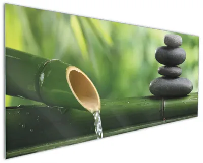 Produktbild von Wallario Küchenrückwand aus Glas, Größe: 125 x 50 cm, Motiv: Steinstapel und Bambus auf dem Wasser | Spritzschutz | abwischbar | pflegeleicht | in
