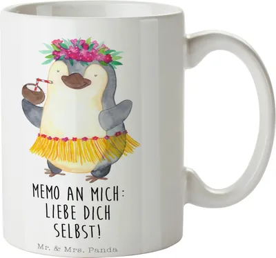 Produktbild von Mr. & Mrs. Panda Teebecher Pinguin Kokosnuss - Weiß - Geschenk, Kaffeetasse, Urlaub, Bedruckte Tasse, Hawaii, Trinkbecher, Kaffeepott, Becher