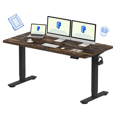 A standing desk with multiple monitors and accessories.