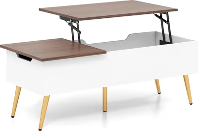 A white coffee table with a lift-top mechanism and wooden legs, shown against a white background.