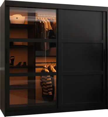A black sliding door wardrobe with glass panels showing clothes and shelves inside.