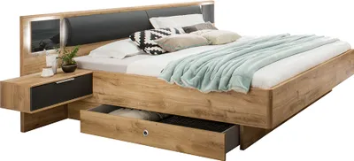 Produktbild von Doppelbett 160cm mit 2 Bettschubladen, Nachtschränken, Beleuchtung und Polsterkopfteil, graphit und Eiche, VIESTE-43