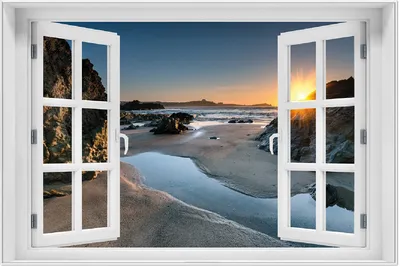 Produktbild von Wallario Wandbild mit Fenster-Illusion: Sonnenuntergang hinter einem Felsen am Strand, Größe: 61 x 91,5 cm, Poster mit weißem Aluminiumrahmen