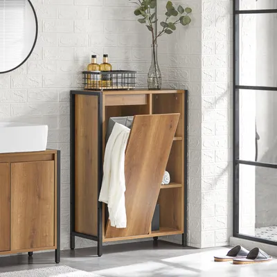 A bathroom scene with a wooden cabinet, a sink, and a shower.