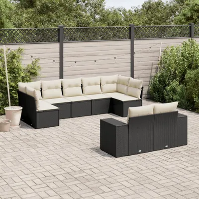 Produktbild von Design 9-tlg. Garten-Sofagarnitur mit Kissen Schwarz Poly Rattan, Gartenmöbel-Sets 2024 Neu