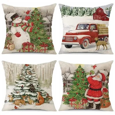 4er-Set Weihnachtskissenbezüge 45x45 cm, Schneemann & Weihnachtsmann
