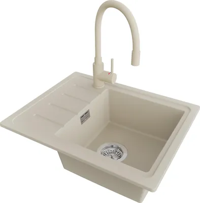 A beige kitchen sink with a faucet, shown from a slightly elevated angle against a white background.