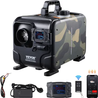 A VEVOR 8 kW diesel air heater with accessories, including a remote control, display, and power adapter, is shown against a white background. The heater has a camouflage pattern.