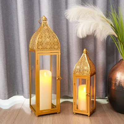 2 marokkanische Kerzenhalter, Metall & Glas, 44,5/39 cm, gold