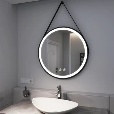 Produktbild von EMKE Lustro łazienkowe LED okrągłe o średnicy 70 cm Lustro łazienkowe LED z oświetleniem 3 barwy światła 3000-6500K biała chłodna neutralna biała ciepła ściemnialne podświetlane lustro z przełącznikiem dotykowym IP44 energooszczędne (czarny design)
