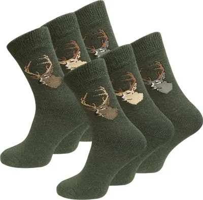 A group of green socks with deer head patterns.