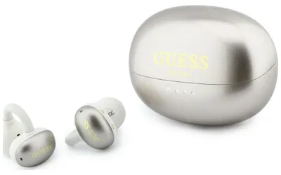 Productafbeelding van Open-ear oordopjes Guess, metallic afwerking, elektrovergulde onderdelen, klassiek logo, goudkleurig