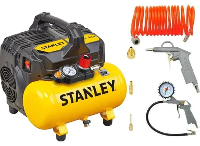 Produktbild von Stanley Luftkompressor 8 Bar 6L DST 100/8/6 mit Druckluftwerkzeug Set 6 teilig - Kompressor mit Reifenfüller, Ausblaspistole und Spiralschlauch 5 m - Ölfrei