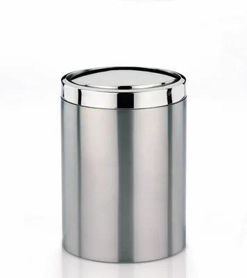 A stainless steel trash can with a lid, shown against a white background.