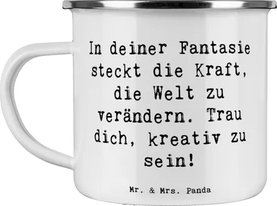 Produktbild von Mr. & Mrs. Panda Teetasse Spruch Die Freude an der Kreativität entdecken - Weiß - Geschenk, Blechtasse, Emaille Tasse, mutig, Welt verändern, inspirierend, Inspiration