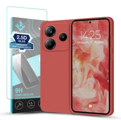 Produktbild von Hülle für Xiaomi Redmi Note 14 5G mit 9H Displayglas Displayschutz Case Cover Bumper Smartphone Softgrip Schutzhülle Farbe: Rot