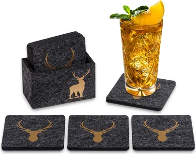 Produktbild von Filz Untersetzer HIRSCH anthrazit / gold mit Box 9-teilig
