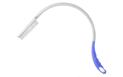A long-handled brush with a curved handle and bristles at one end, isolated on a white background.