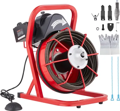 Obrázek produktu pro VEVOR stroj na čištění potrubí 75 stop x 3/8 palce, kanalizační spirála s ručním posuvem, 250 W elektrický stroj na čištění potrubí se 4 frézami a nožním spínačem aktivovaným vzduchem