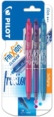 Image de Pilot FriXion Ball Clicker, stylo gel rétractable, bleu, rose, violet, bleu, violet, rouge, blister, 3 pièces