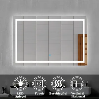 A modern LED bathroom mirror with integrated lighting, displayed in a bathroom setting with icons highlighting its features.