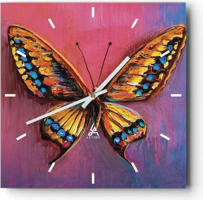 Produktbild von Wanduhr - Quadrat - Glasuhr - Schmetterling bunt gemalt - 40x40cm - Schleichendes Uhrwerk - Lautlos - zum Aufhängen bereit - Dekoration Modern - Wanddekoration aus Glas - C3AC40x40-5012