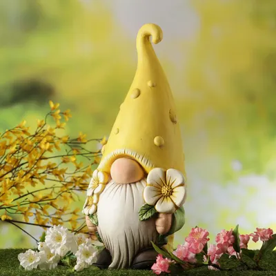 Produktbild von Gartenzwerg BERT - Zwerg mit gelber Zipfelmütze und Blumen - Gartenfigur - Polyresin - H: 45cm