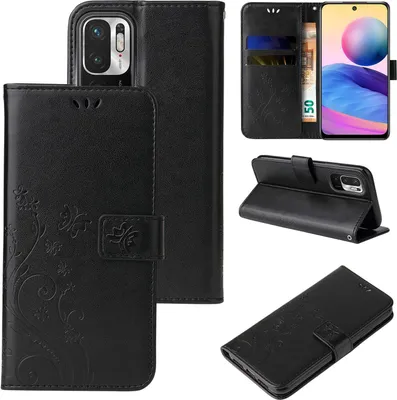 A collage of images showing a black flip phone case with floral and butterfly embossing, and a phone inside.