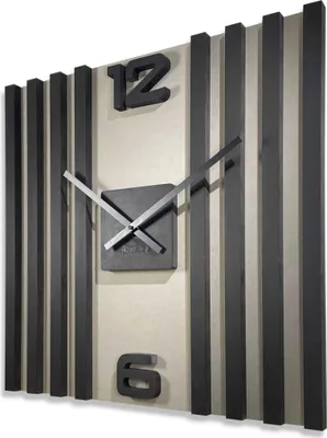 Produktbild von Wanduhr groß aus Holz Lamellen SQ 60cm Holzoptik schwarz 3D Eiche modern ohne Ticken Wohnzimmer (Grau/Schwarz)