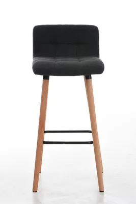 A bar stool with a dark gray fabric seat and backrest, and natural wood legs, shown against a white background.