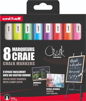 Produktbild von Uni-Ball - Kreidemarker, Rundspitze 1,8 2,5 mm, Karton mit 8 Stück, sortiert