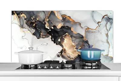Obrázek produktu pro KitchenYeah® Splashback kitchen - Kuchyňský splashback - Ochrana stěny sporáku a dřezu - Mramor - Černá - Bílá - Zlatá - - Abstraktní 120x60 - Alu-Dibond (alternativa ke skleněnému splashbacku) - Hitz