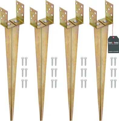 A set of four galvanized steel ground anchors with U-shaped brackets and screws, presented on a white background.