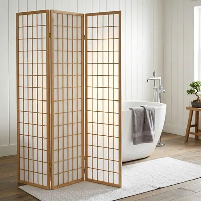 Produktbild von Paravent aus Holzrahmen mit Reispapier, weiß - Raumteiler im Japanischen Stil, Spanische Wand , Raumteiler Trennwand, japandi