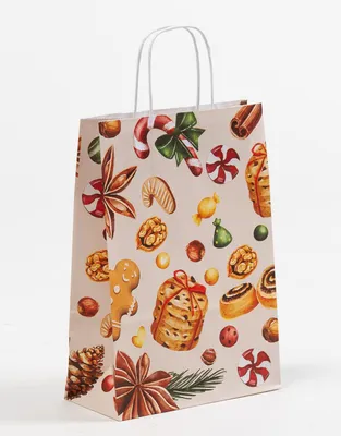 Produktbild von Papiertragetasche Kordel, "Weihnachtsleckereien" 22+10x31 cm, 10 Stück
