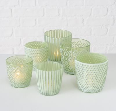 Windlicht Teelichthalter Glas lackiert matt hellgrün lindgrün Höhe 7- 9 cm 6 tlg