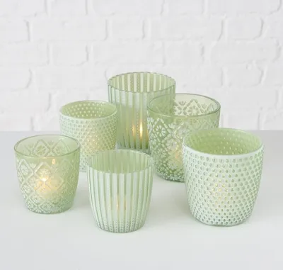 Produktbild von Windlicht Teelichthalter Glas lackiert matt hellgrün lindgrün Höhe 7- 9 cm 6 tlg