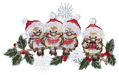 Vier niedliche Vögel mit roten Weihnachtsmützen sitzen auf einem Zweig mit grünen Blättern und roten Beeren umgeben von weißen Schneeflocken und verbreiten eine festliche Stimmung