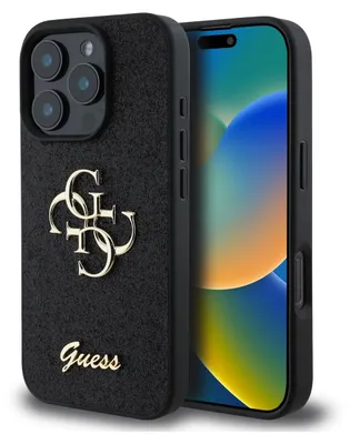 A black Guess phone case with a gold logo and text, shown with an iPhone inside.