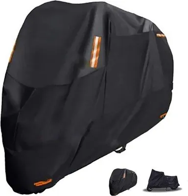 Productafbeelding van Motorkap, geschikt voor buitengebruik, waterdicht, gemaakt van 300D Oxford-materiaal. Motorfietsgarage met 4 reflecterende strepen en 2 openingen. Inclusief 2 bevestigingshandgrepen (XL: 260 x 90 x 125 cm)