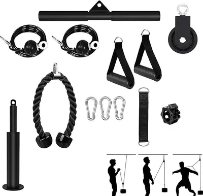 Productafbeelding van Riemenschijfsysteem voor fitness, trekkoord, katrol, fitnessaccessoire, 13-delig, multifunctionele fitnessapparaat voor thuisgebruik, zwart