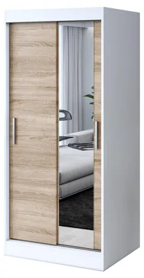 Zdjęcie produktu dla Szafa przesuwna - 90x200cm - Biały Mat / Dąb Sonoma - Szafa przesuwna HUGO - z lustrem- do sypialni i garderoby