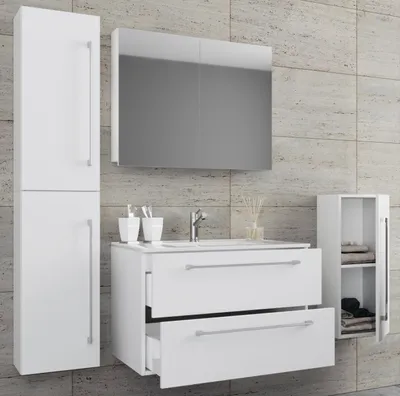 Produktbild von VCM 5-tlg. Set | 1 Waschtisch mit zwei Schubladen, 1 Spiegelschrank, 1 Waschbecken, 1 Midischrank, 1 Hochschrank | Keramik Waschbecken | hängend Unterschrank 80 cm | Badmöbel Set Waschplatz – Badinos