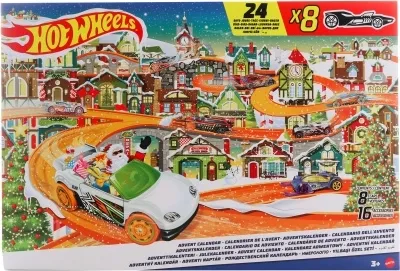 A Hot Wheels Advent Calendar box with a winter village scene and cars.